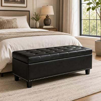 Durable Modern Button-Tufted Storage Ottoman Bench, PU Leather Bench with Storage and Solid Wood Legs, Modern Shoe Benches Seat for Entryway, Upholstered End of Bed Benches for Living Room