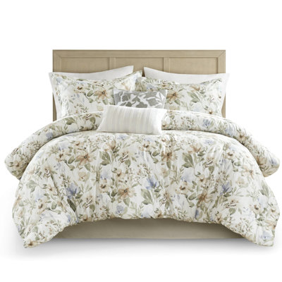 King 6Pcs Oversized Comforter In Cotton Print, Natural - Inspired Floral Pattern, 100% Cotton, 300Gsm Overfilled For Fluffiness, , Coordinated Bedding Refreshing Nature Floral, Breathability,