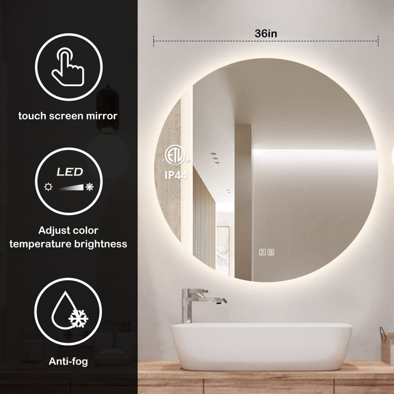 Miroir de salle de bain rond Naliyah, 36 po x 36 po