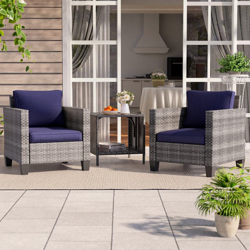 3 Piece Patio Conversation Set with Cushion, Gray, Navy Blue