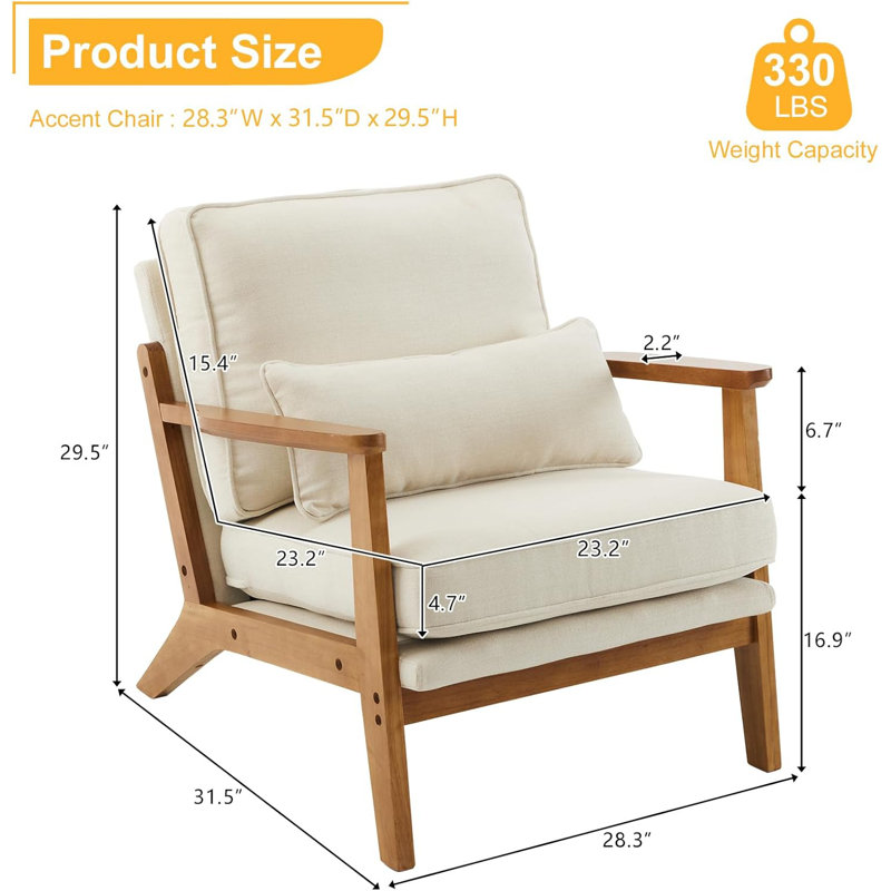Fauteuil d'appoint Mid-Century avec accoudoirs lombaires Bruce, Lin beige