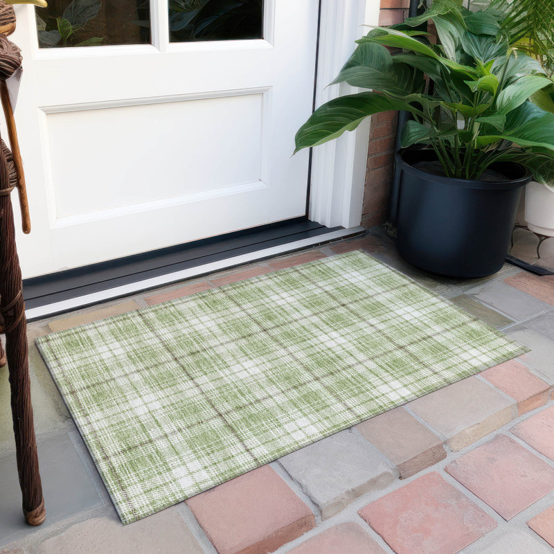 Aloe Green and White Plaid Washable Rectangular Rug