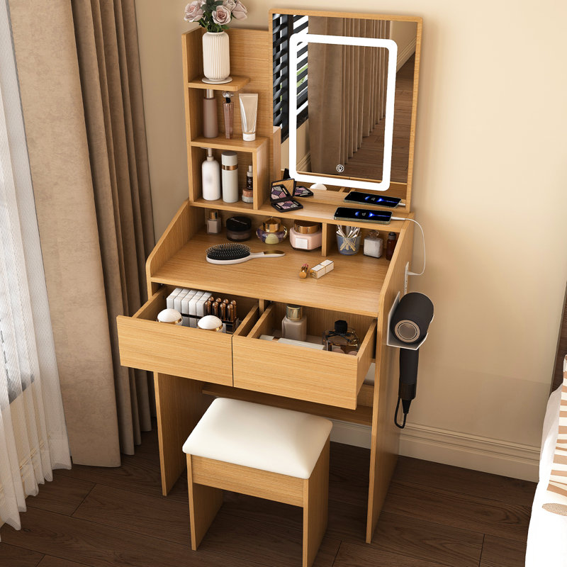 Table de coiffeuse avec miroir éclairé à DEL, prise de courant et porte-séchoir à cheveux