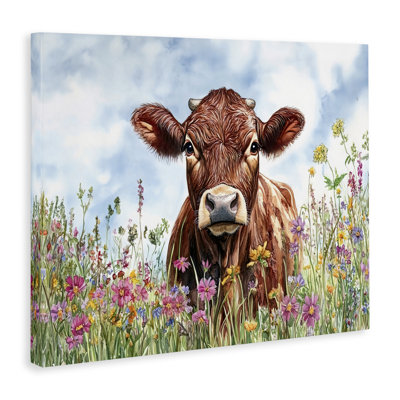 Angus Cow in Field Of Flowers Canvas Wall Art, design by Franklyn Gregory