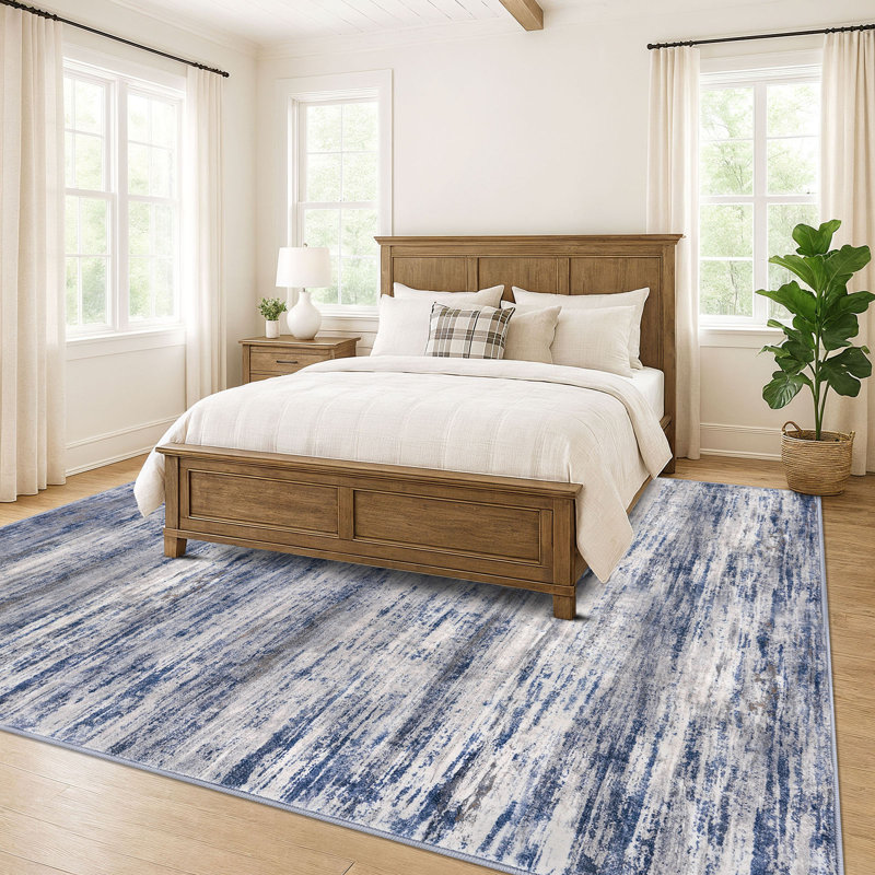 Machine Washable Rugs 10x14 Living Room Rug with Rubber Backing Pet Friendly Large Blue/Gray Area Rugs Indoor Carpet for Bedroom Office Dining Room