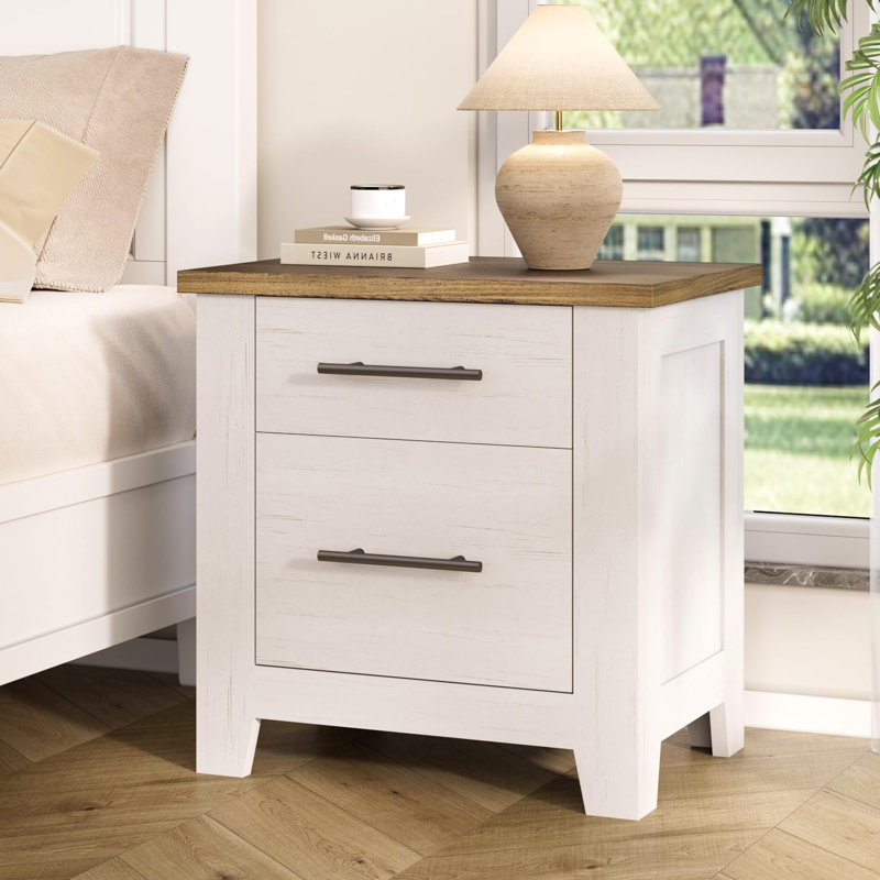 Table de chevet Farmhouse avec 2 tiroirs, table de chevet blanche vieillie avec plateau brun, table de bout peu encombrante pour la chambre à coucher et le salon, supporte 170 lb