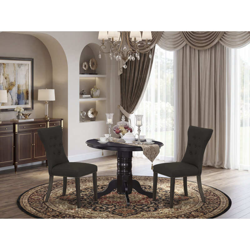 3 Piece Kitchen Table Set Contains a Round Dining Room Table with Pedestal and 2 Black Linen Fabric Upholstered Chairs, Black