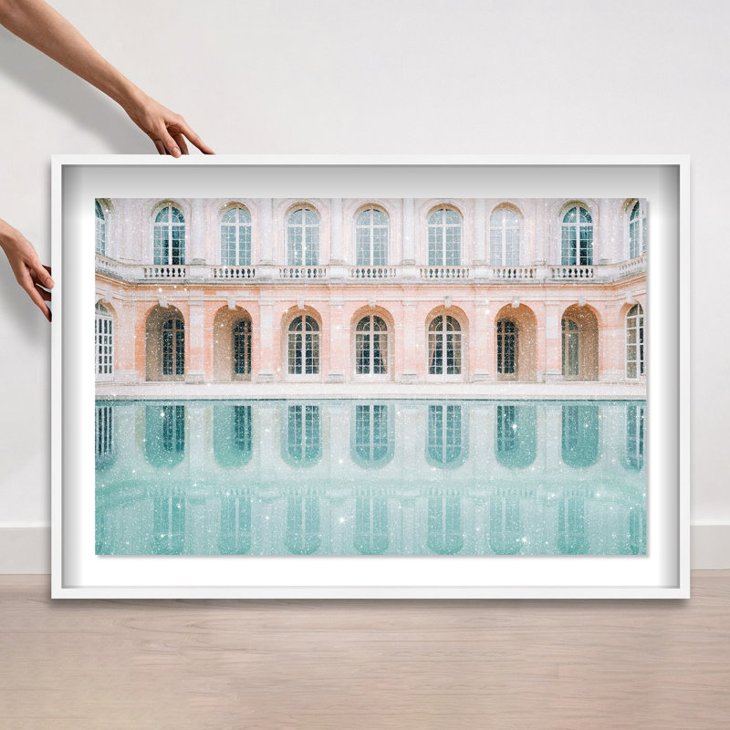 Oliver Gal Palace Dreamy Pond Architecture - Diamond Dust Shadowbox Framed Wall Art, 26" H x 38" W, White