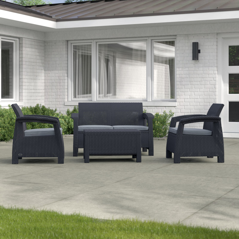 Ensemble de conversation avec canapé en rotin 4 pièces avec coussins Berard, Gris anthracite, Gris