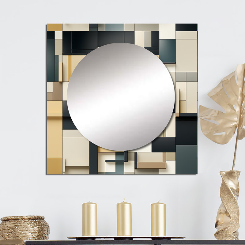 Taupe Geometric Blocks Harmony I - Modern Large Square Mirror For Wall Art Decor, 23" x 23"