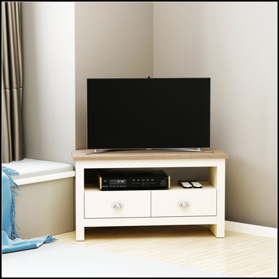 Meuble télé d'angle avec tiroirs et rangement ouvert, pour maximiser l'espace de salon et organiser les éléments essentiels du divertissement.