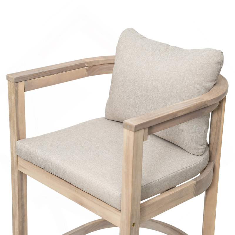 Tabouret de bar d'extérieur en bois au fini blanc clair avec coussin beige, ensemble de 2, Beige