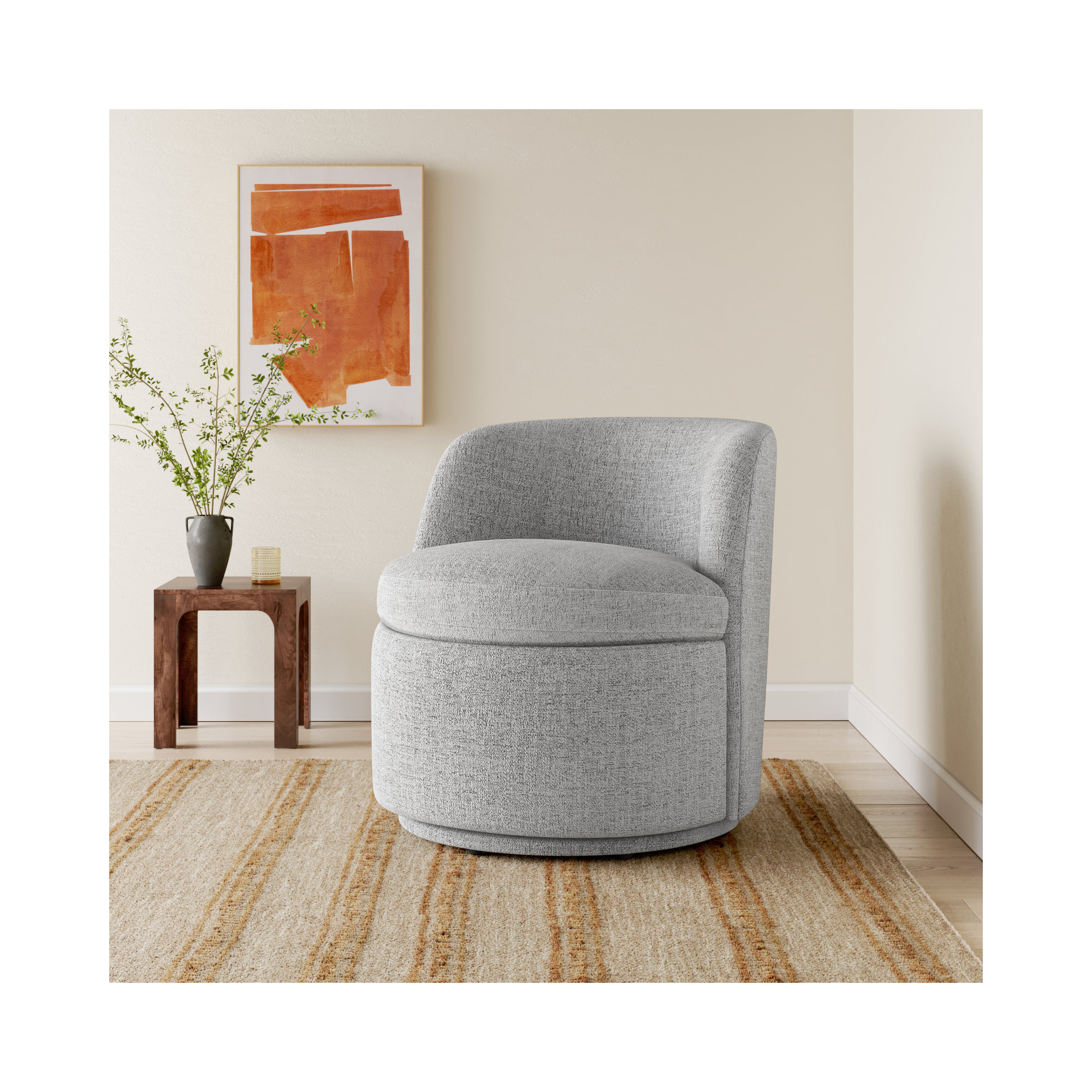 Estes Upholstered Swivel Barrel Chair, Nathan Gray Performance Tweed