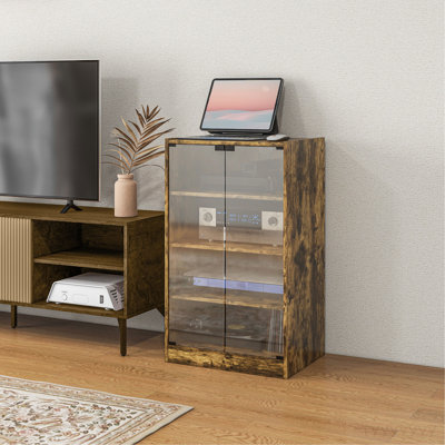 HOMCOM Media Cabinet, 4-Tier Stereo Cabinet, Modern Audio Video Media Stand With Adjustable Shelves, Tempered Glass Doors, And Cable Management, Rustic Brown
