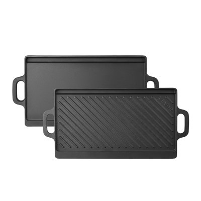 Plaque de cuisson réversible de 50 x 23 cm en fonte pré-culottée avec poignée, idéale pour le barbecue, les œufs, les crêpes, les hamburgers, et pour une utilisation sur tous les types de surfaces. Compatible avec le four, la cuisinière à gaz, le barbecue et les feux de camp.