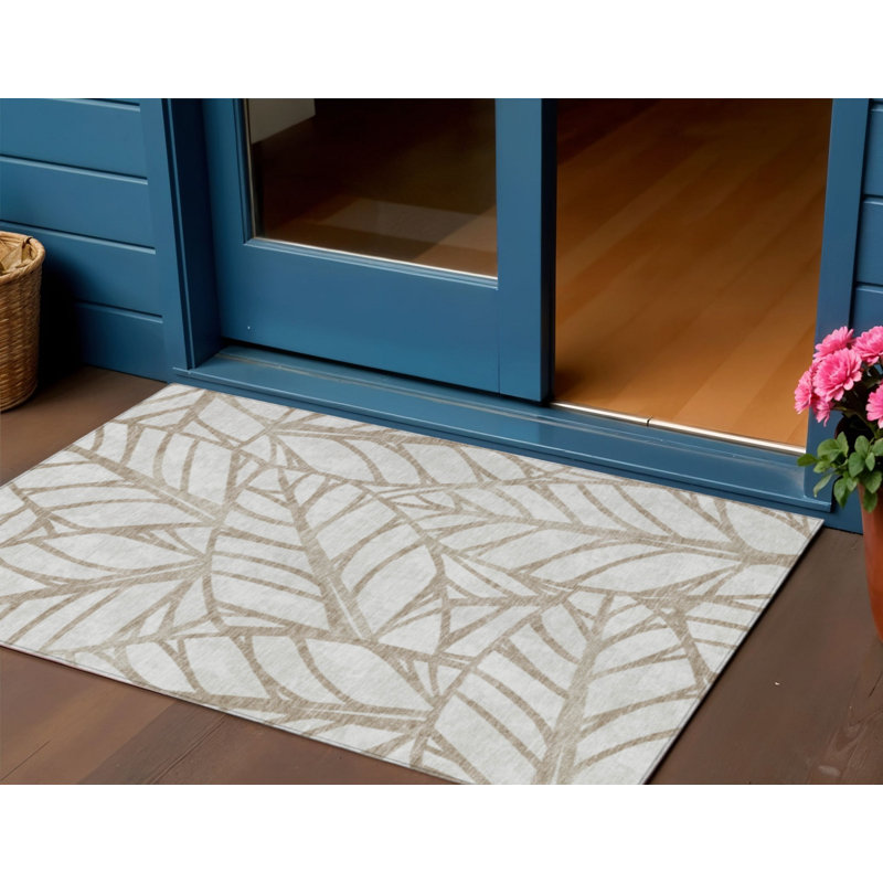 3' X 5' Beige And Brown Floral Washable Indoor Outdoor Area Rug