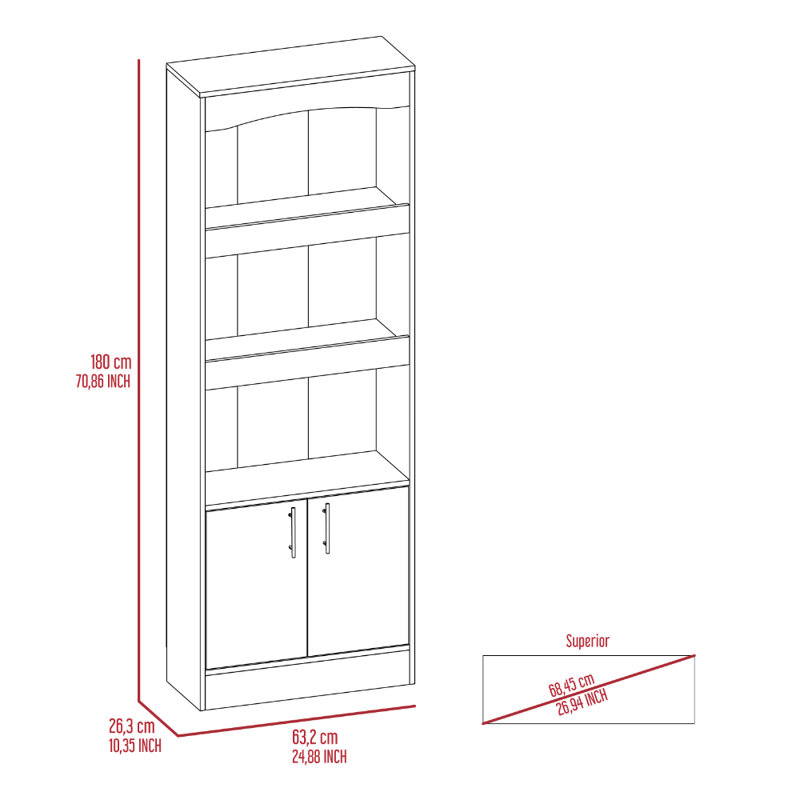 Armoire à deux portes, bibliothèque Doza, trois tablettes, quincaillerie en métal