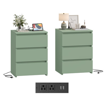 3-Drawer Nightstands with Outlets and USB Ports, 2 Pcs