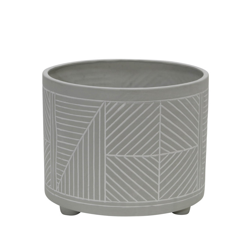 Pinar Stoneware Ceramic Planters with Engraved Geometric Pattern, Modern Footed Design for Indoor & Outdoor Use, Durable & Decorative Plant Pots, Set of 2