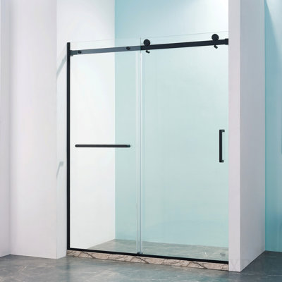 56-60"W X 75"H Semi-Frame Single Sliding Shower Door, 304 Stainless Steel In Matte Black, 5/16" (8mm) Thick Sgcc Tempered Clear Glass.