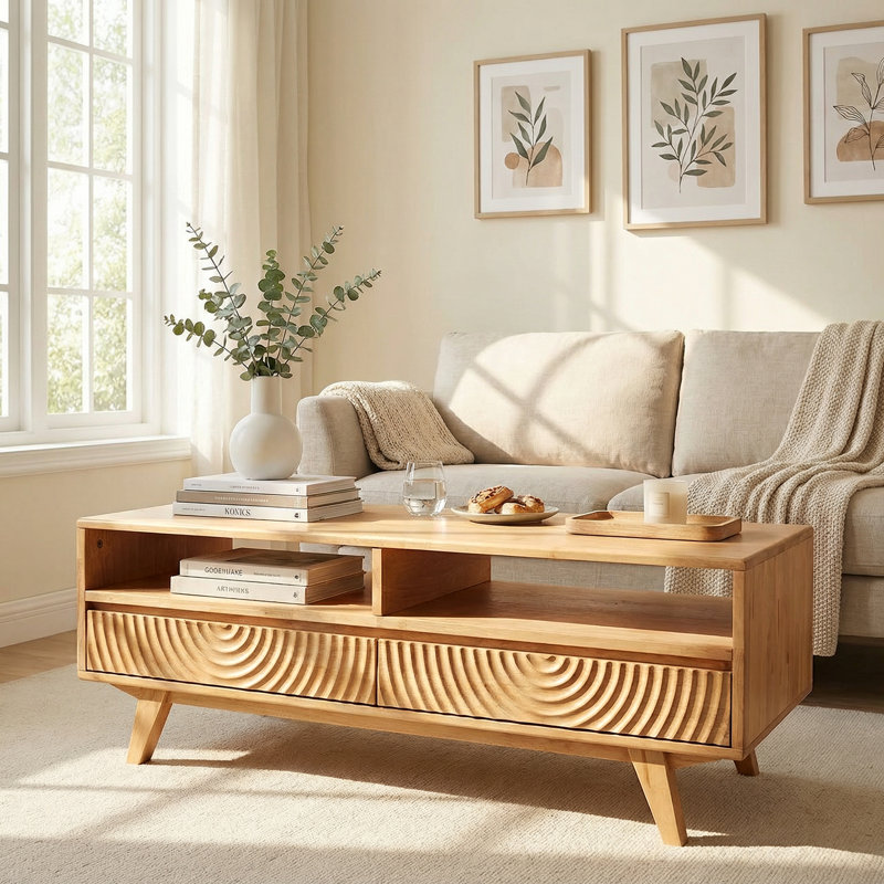 Solid Rubber Wood Coffee Table with Storage, 2 Drawers & Open Shelf, Rectangular 47.2 Inches Center Table for Living Room