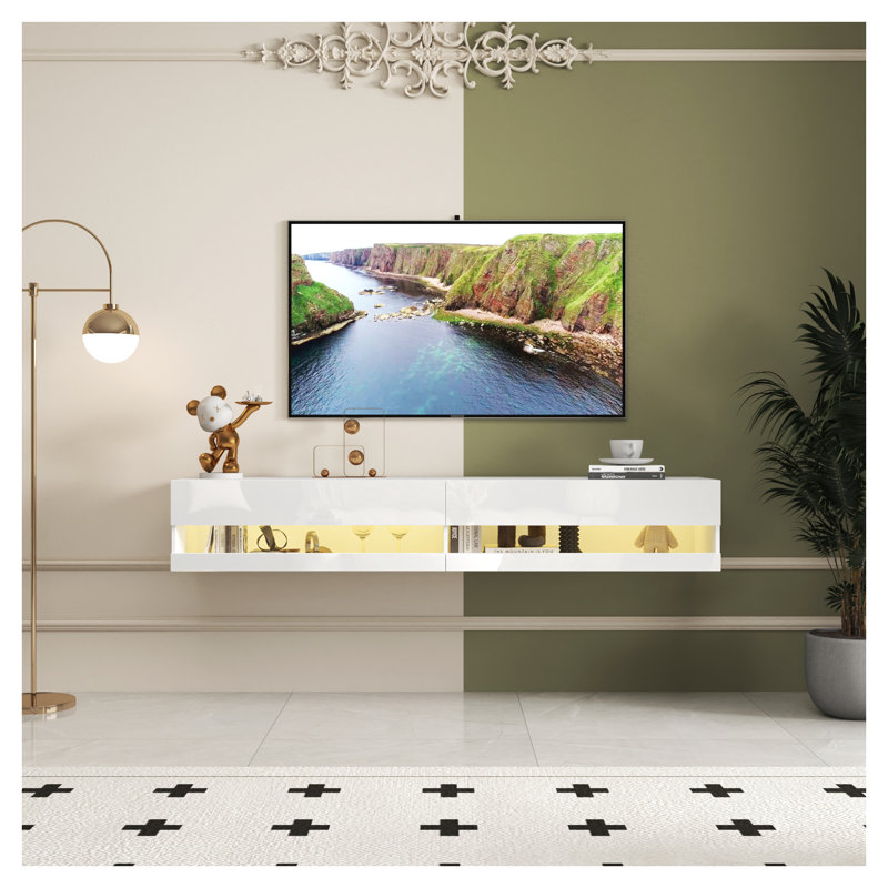 Meuble télé flottant mural 80 po blanc avec 20 lumières DEL de couleur et station de charge - Meuble audio-vidéo moderne