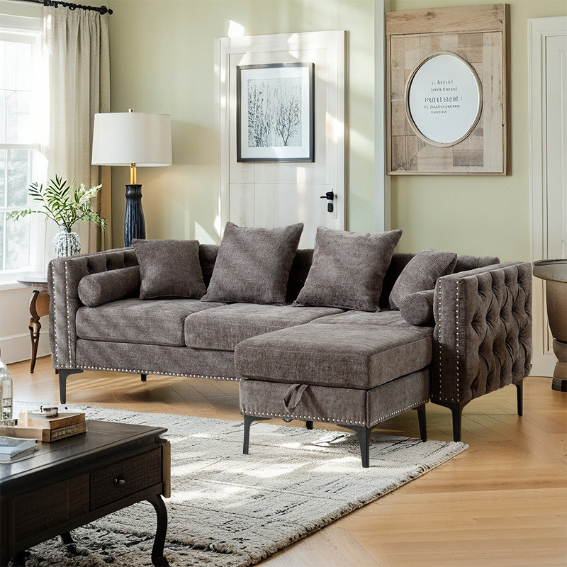 L-shaped Sectional Sofa with Storage Ottoman, 4 - Seat Sofa Couch,Rivets & Tufted Design