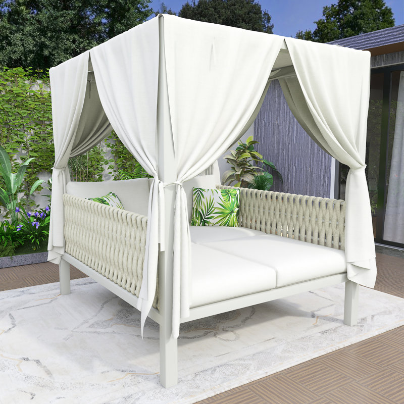 Lit de bronzage d'extérieur avec rideaux, Beige