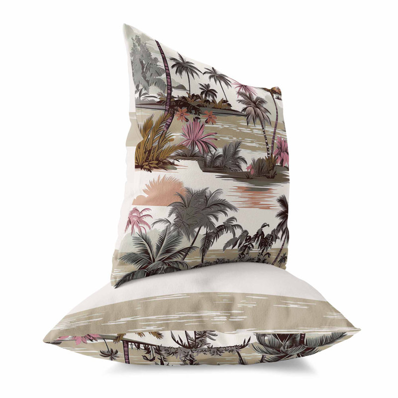Coussin décoratif réversible intérieur / extérieur Tropical Beach, H 16 po x l 16 po, Brun / beige / rose