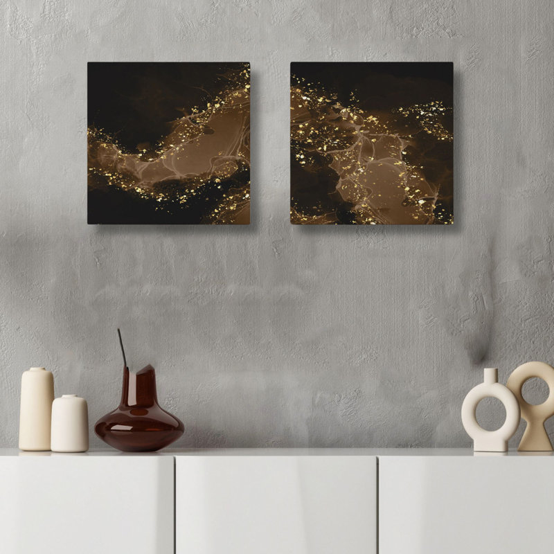 Elegant Decorative Canvas Painting Set (2 Pieces), Gold & Black, 11.8 x 11.8 Inches | 100% Canvas with 100% Wooden Frame | Perfect for Home Decor, Living Room & Office Wall Art, Stylish & Contemporary Design