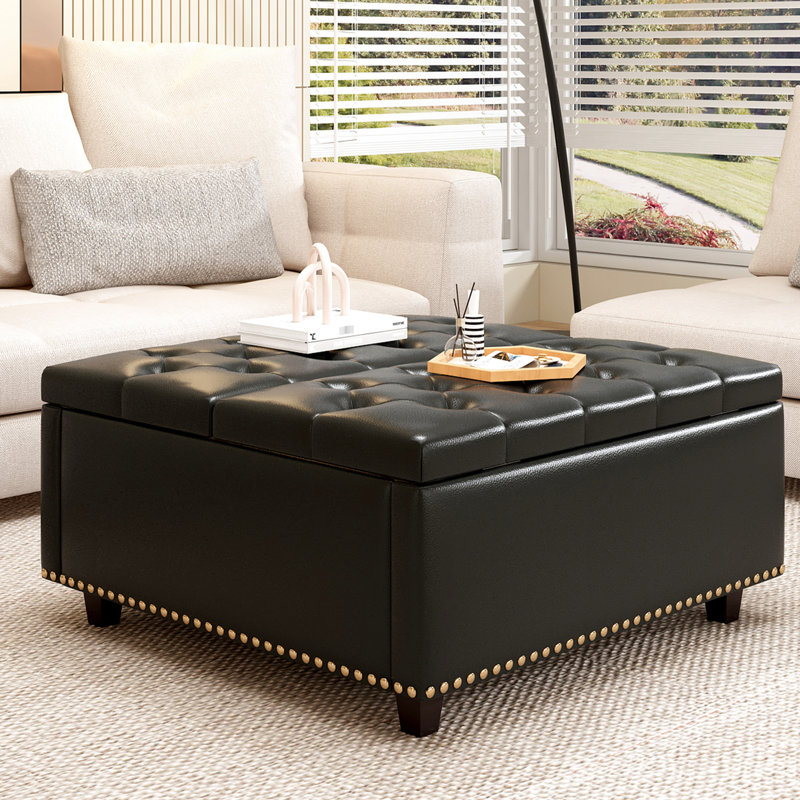 Très grand rangement carré en cuir Pu pour chambre à coucher et salon, style Mid-Century large avec rivets, noir, Black