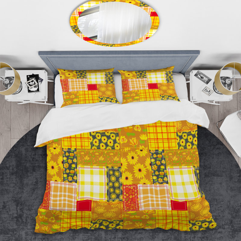 Patchwork floral jaune - ensemble de housse de couette abstrait - microfibre de polyester