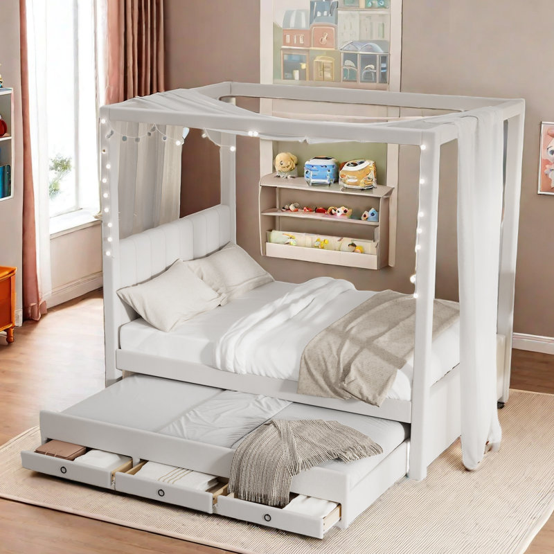 Ernie Upholstered Canopy Storage Bed, Full, Beige