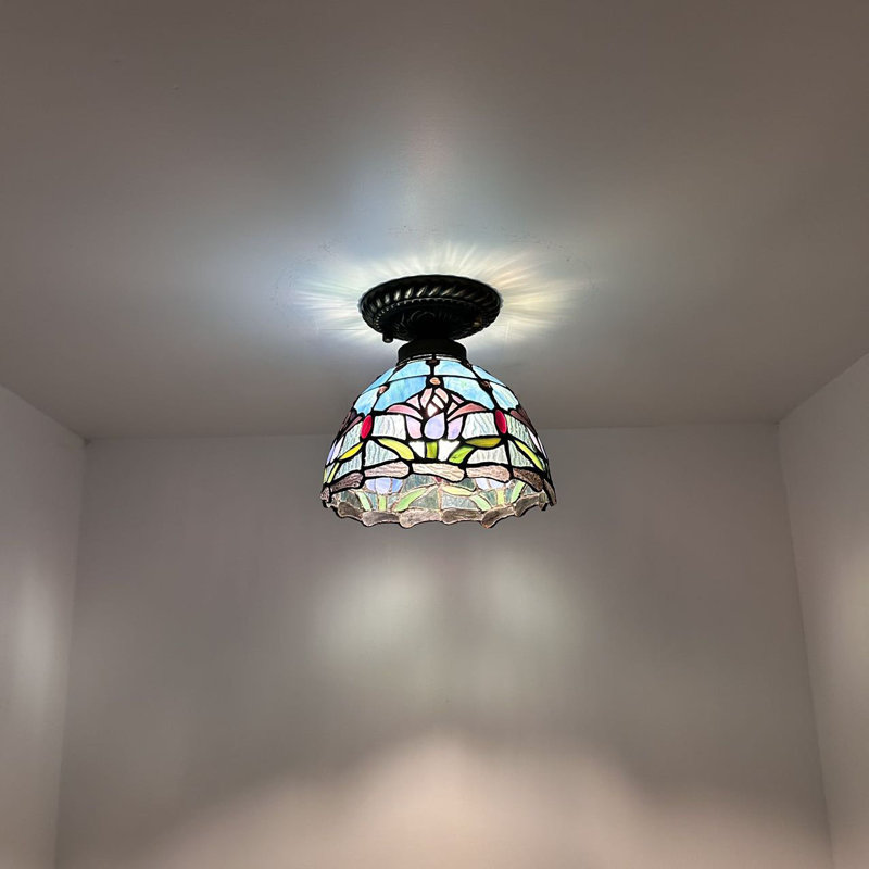 8 in. 1 - Light Stained Glass / Tiffany LED Bowl Ceiling Fan Light Kit, Blue/Pink