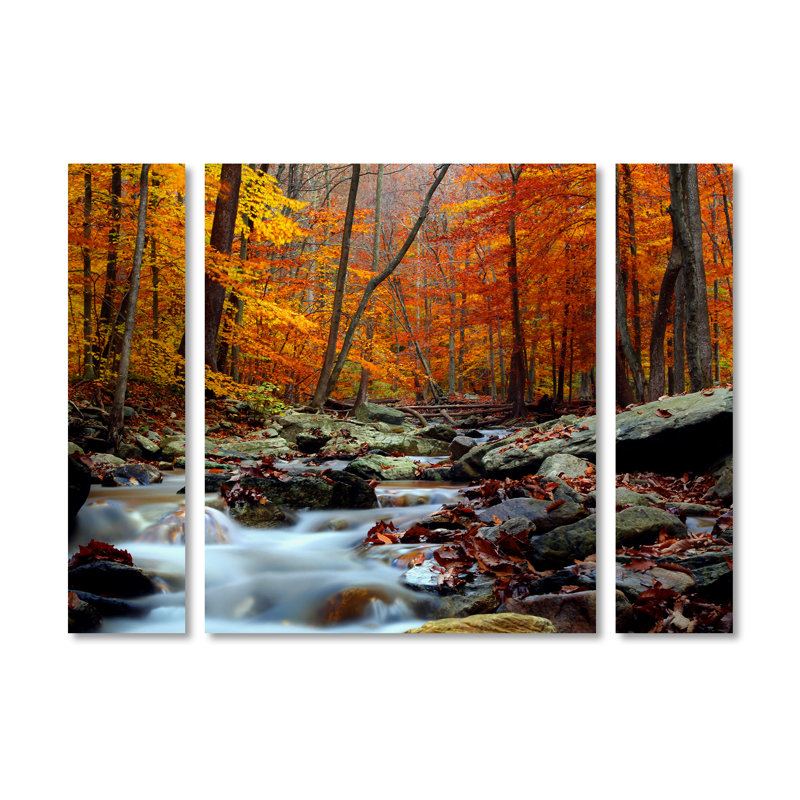 Autumn Stream Scenic Three Panel Framed Canvas Art
