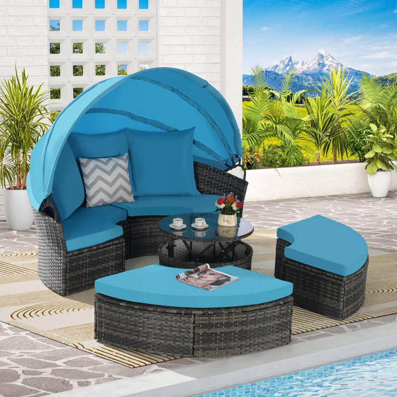 Ensemble de conversation pour patio 5 pièces, ensemble de conversation en osier avec auvent rétractable 5 pièces, Bleu clair
