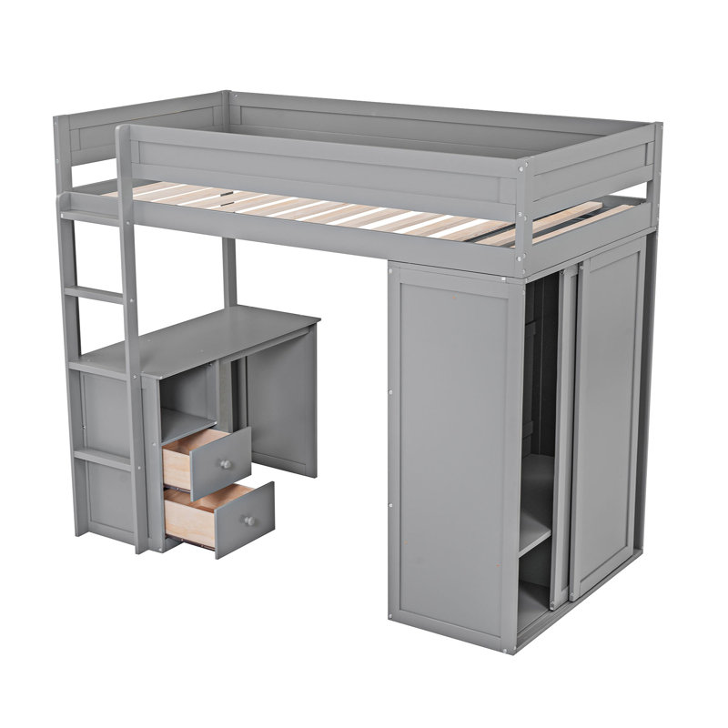 Lit mezzanine 2 tiroirs avec bureau intégré Thornell par Harriet Bee, Simple, gris