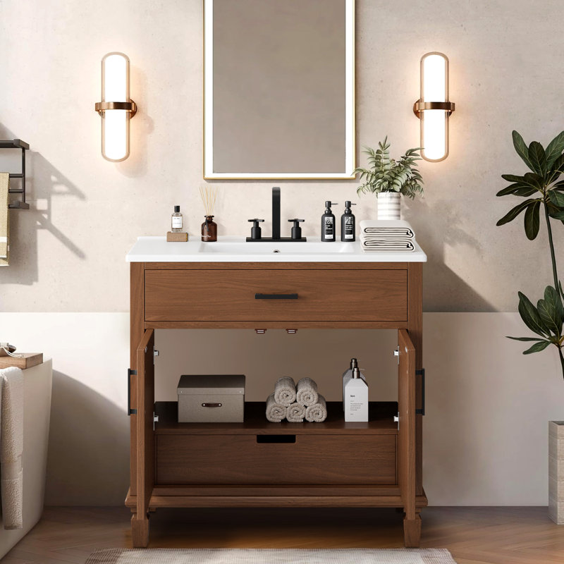 36'' Single Bathroom Vanity with Ceramic Top, Brown