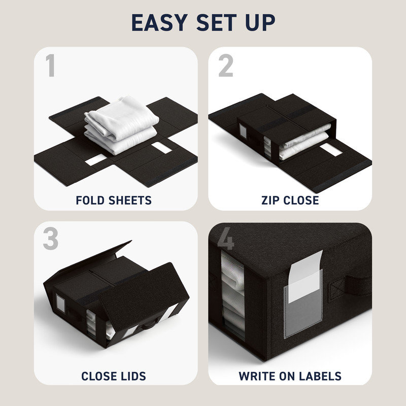 Ensemble de 8 bacs de rangement pour draps en lin - Bacs de rangement pour draps avec 2 poignées, fenêtre transparente et pochettes pour étiquettes, organisateur de placard pliable pour literie et literie grand et très grand