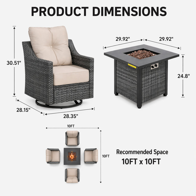 5 Piece Outdoor Patio Furniture Set With 50,000 Btu Fire Pit Table, 4 Wicker Swivel Chairs With 6 Inch Olefin Cushions, Patio Conversation Set For Backyard, Deck, Porch, Gray/beige