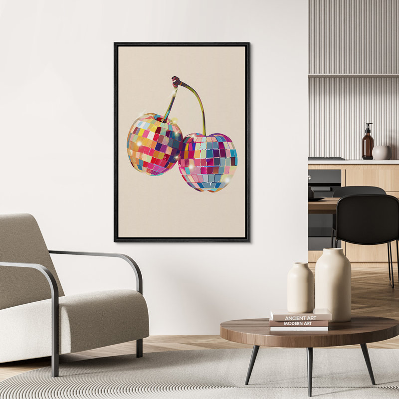 Disco boule cerises art disco affiche abstraite cerise fruit moderne boho BCBG décoration murale, Noir, H 24 po x l 16 po