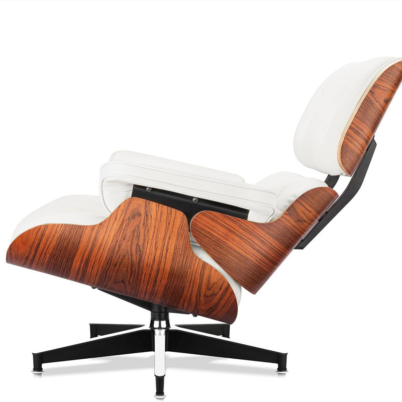 Chaise longue en bois massif, Cuir véritable noyer / blanc