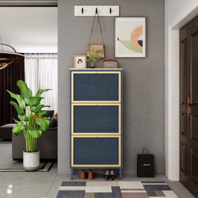 Armoire de rangement à chaussures en rotin 3 portes avec 2 tablettes et dispositif anti-basculement