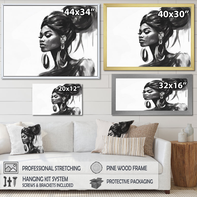 Noir et blanc, femme afro-américaine I - Portrait, reproduction sur toile, H 34 po x l 44 po x P 1,5 po