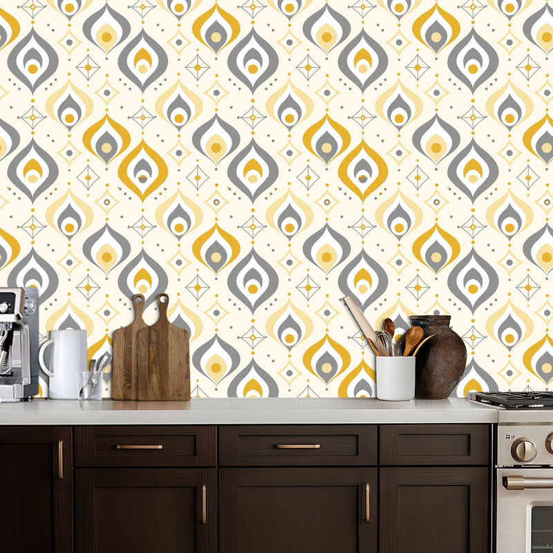 Papier peint adhésif autoadhésif amovible de style Mid-Century rétro sans soudure à rainures jaunes et grises, gris et crème, pour armoires de cuisine de chambre à coucher 17,7 po x 118 po