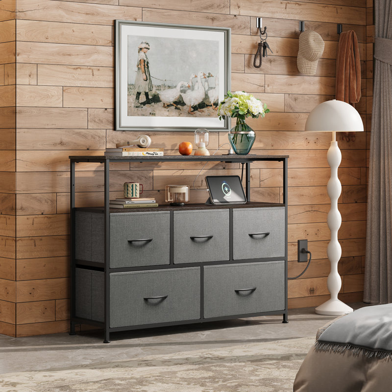 5 Drawer Dresser with Charging Station, TV Stand with Open Shelf and Power Outlet for 45'' TV, Chest of Drawers for Living Room, Closet, Entryway