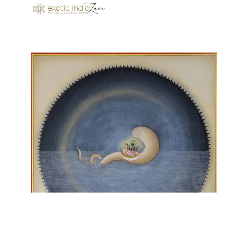 «Sitting Lord Vishnu and Lakshmi Ji», aquarelle originale de 64 po x 44 po sur toile de lin par Shammi Bannu Sharma, Art dévotionnel encadré