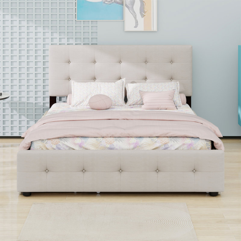 Lit plateforme tapissier avec 2 tiroirs et lit gigogne, Beige