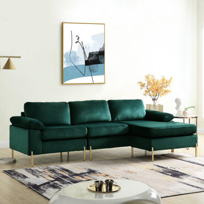Velvet 3 - Seat L Shaped With Mid Century And Aesthetic, Solid Wood Frame, Sleek Brass Gold Metal Legs, Pillow Arms Removable Back & Cushions Featuring Styles, Upholstery, Engineered Structure, Legs