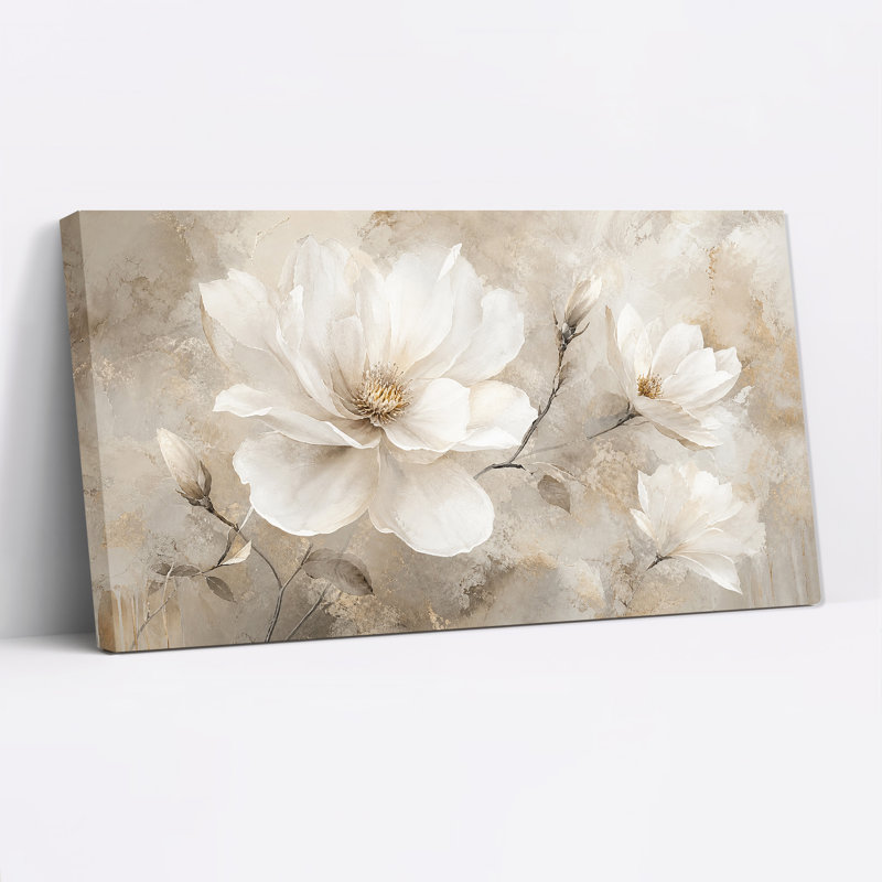Fleurs et boutons de magnolia blanc sur toile beige texturée, 20"W x 10"H